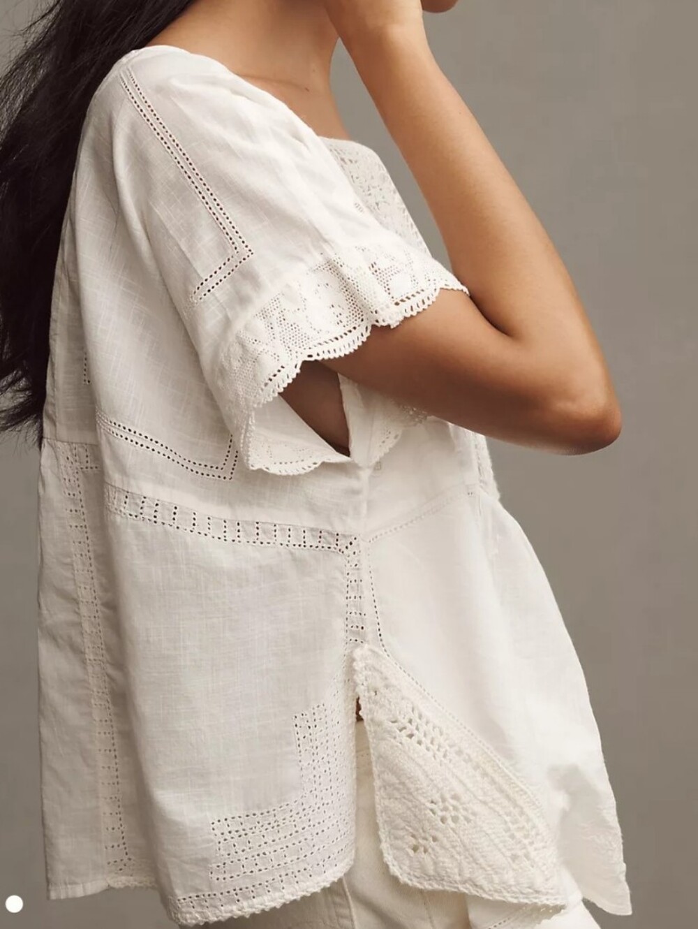 By Anthropologie Short Sleeve Patched Poncho Top White Embroidered Crochet MD - Picture 2 of 13
